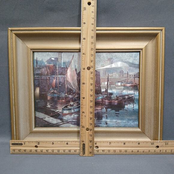 Vtg Framed Foil Art Print Schooner Sailboat Nautical Port Scene 11x9" Gold Frame - Picture 8 of 8